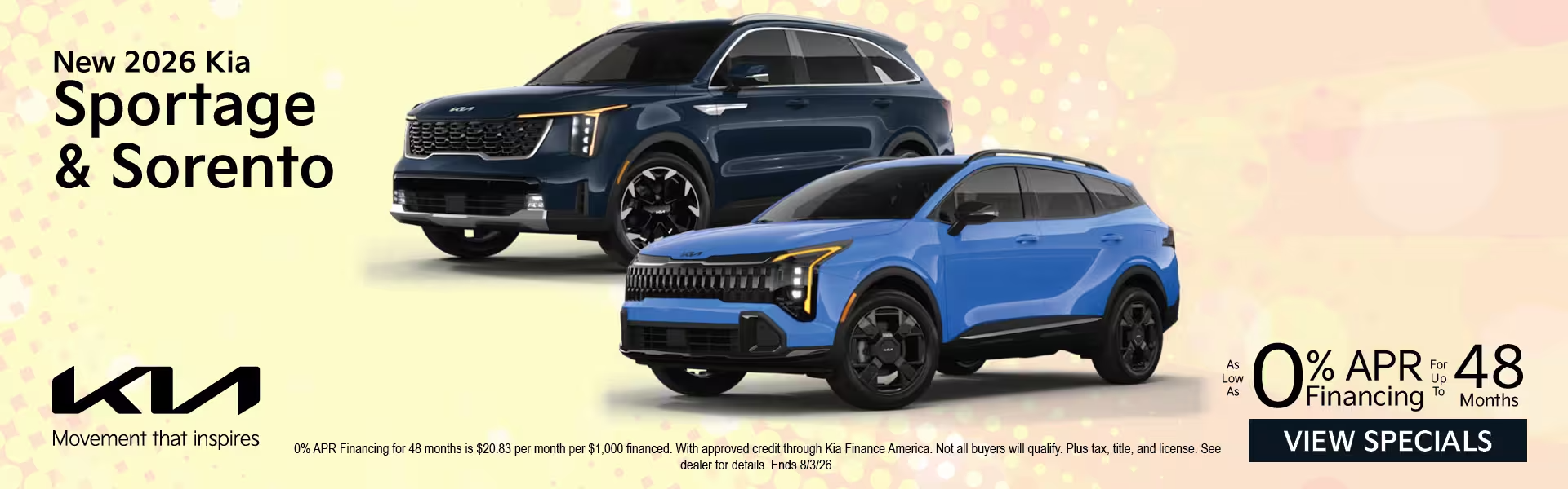 New 2026 Kia Sportage & Sorento - As Low As 0% APR Financing for Up to 48 Months